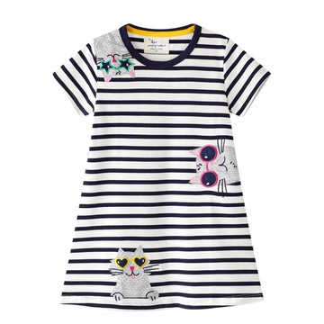 Jumping meters - 棉質圓領短袖洋裝-時尚貓咪-黑白條紋