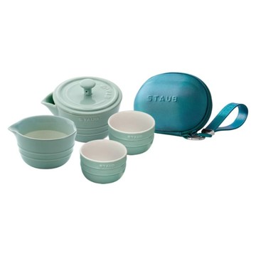 staub 攜帶式旅行陶瓷茶具 4件組  天青色  1套  蓋碗+ 公道杯 + 茶杯+ 收納包