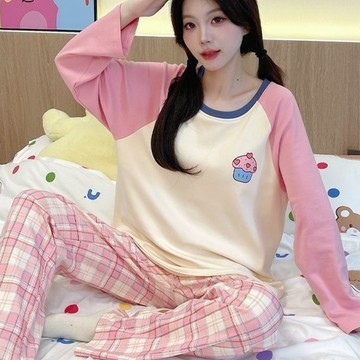 睡衣 帶胸墊 一體式 休閒 大碼睡衣 寬鬆睡衣 甜美少女 休閒 可外穿 家居服  長袖長褲 兩件套 睡衣套裝
