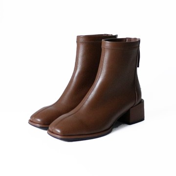 氣質微方頭真皮高跟短靴-棕