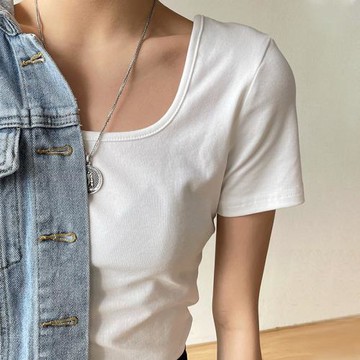 白色短袖t恤女短款棉質露臍設計感低u領高腰小眾純色打底上衣