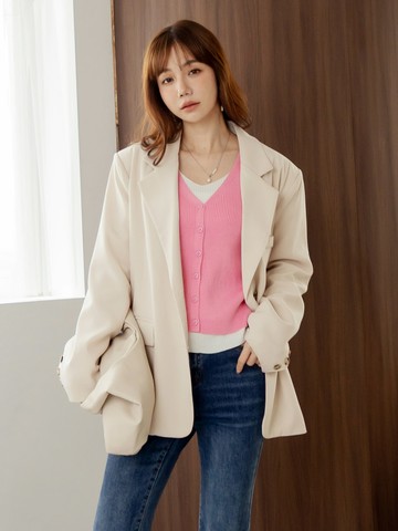 假兩件V領排釦針織長袖上衣