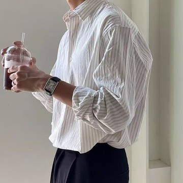 襯衫 男 長袖襯衫 襯衫外套 條紋襯衫男感小衆痞帥休閒襯衣日係春款長袖時尚百搭外套 襯衣 17BR