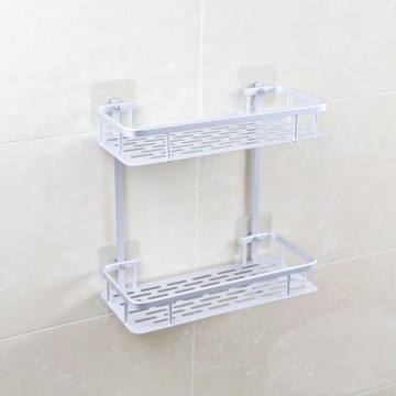 【索樂生活】太空鋁無痕壁貼雙層收納置物架(太空鋁置物架 無痕螺絲貼 浴室轉角免打孔置物架)