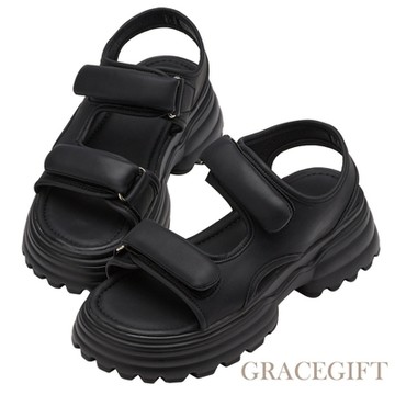 【Grace Gift】甜酷女孩鋸齒澎澎墊厚底涼鞋 黑