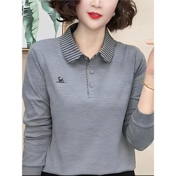 中老年時尚女裝翻領長袖t恤打底小衫媽媽裝春秋新款婦女上衣百搭