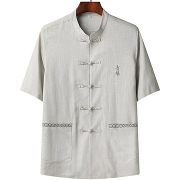 唐裝上衣短袖漢服-刺繡寬鬆中老年薄款男外套4色74fo25【獨家進口】【米蘭精品】