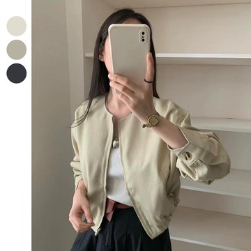 圓領口袋拉鍊斜紋布外套 水洗外套 女生外套 牛仔外套 休閒外套 韓系穿搭【N8BT9110】