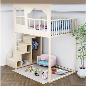 免運公司貨 樹屋床 兒童床 奶油风loft复式二楼铁艺树屋高架床 上床 下空单上层组合儿童高低床 可開發票 全館五折 工廠現貨直銷 新品特價 z11012