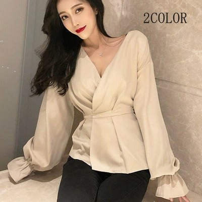 ブラウス レディース 黒ブラウス トップス Vネック 2色 着痩せ 長袖 春 シャツ ウエスト紐 通販 Lineポイント最大get Lineショッピング