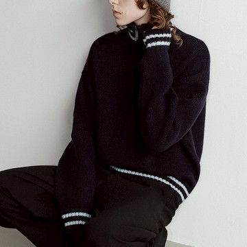 秋季復古高領條紋拉鍊針織毛衣
