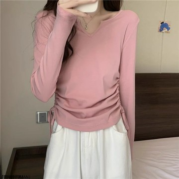 法式V領鎖骨長袖內搭t恤打底衫女春小衆獨特別緻抽繩修身百搭上衣