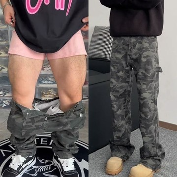 【臺灣出貨】美式迷彩cleanfit彎刀牛仔褲微胖男生穿搭顯瘦伐木工裝直筒褲子