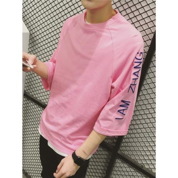 夏季純棉刺繡七分袖T恤男中袖 韓版百搭五分半袖寬松潮流短袖衣服