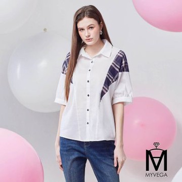 MYVEGA麥雪爾 MA翻領拼接格紋襯衫-白