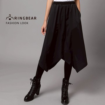 褲裙--個性氣質假兩件不規則下襬雪紡裙彈性貼身打底褲(黑M-5L)-P133眼圈熊中大尺碼商品標題