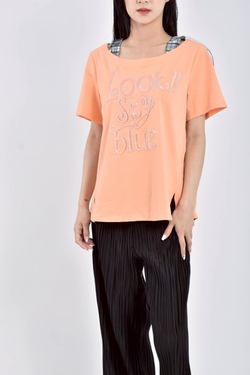 (M) paini棉質假兩件寬肩帶橘色短袖上衣