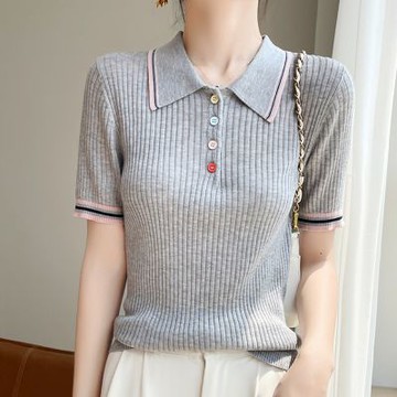 [米蘭精品] 現貨+預購 羊毛針織衫短袖毛衣-精紡絲質保暖POLO衫女上衣3色74lc46