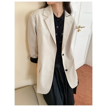 花灰灰🌟個性牛津 l 咖X亞麻杏兩色 XS-M斜扣設計感兩種扣法質感紋理西裝外套 秋季新款寬鬆顯瘦百搭西裝外套 西外