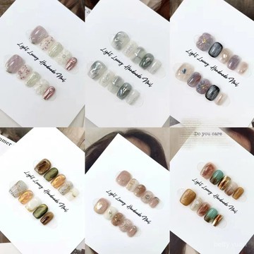 春夏淡紫溫柔手繪小花暈染穿戴甲輕奢純手工指甲貼片 7CJN