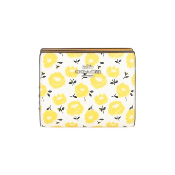 COACH C Logo 拉鍊花卉圖案塗層帆布暗釦二折短夾(黃色)