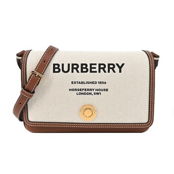 [平輸版]BURBERRY Horseferry 印花帆布及皮革翻蓋斜背包(米白)真品平輸