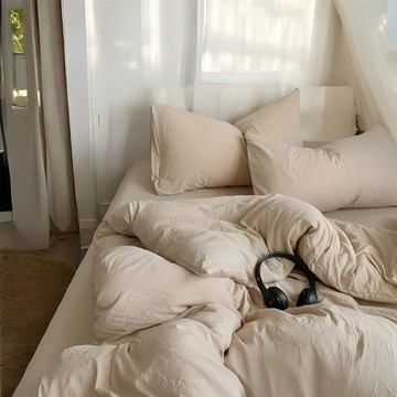 Hoom禾馨生活 柔軟微皺水洗棉床包  法式奶茶(純色.雙拼)-1.8單床套  加大雙人 200 x 180cm