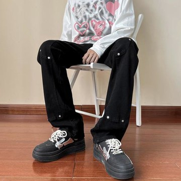 黑色牛仔褲男設計感高街褲子美式潮牌復古直筒長褲春秋男褲老爹褲
