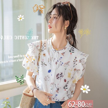圓領荷葉印花排釦襯衫 M-XL【885941X】【現+預】☆流行前線☆