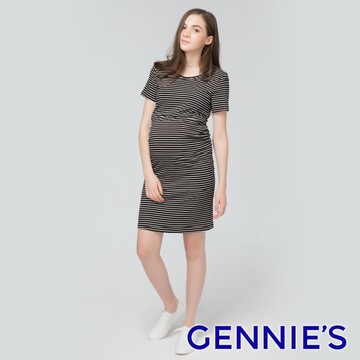 Gennies奇妮 一件式修身哺乳洋裝(黑白條紋T1J06)