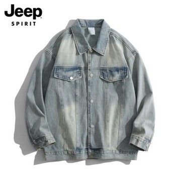 JEEP SPIRIT春秋季牛仔外套男士潮牌痞帥高街寬松高級感夾克男裝
