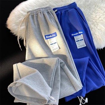 灰色衛褲男華夫格直筒休閑褲春秋新款抽繩束腳運動褲簡約男士褲子