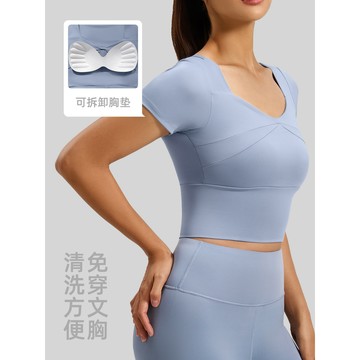 【現貨速發】帶胸墊 免穿文胸 運動短袖 夏季 短款 女 可拆 運動上衣 胸墊短袖 跑步 緊身衣 裸感 健身服 瑜伽服