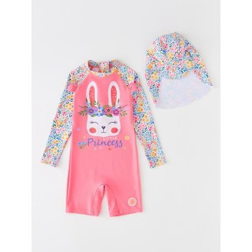 ins跨境女童韓國可愛小兔長袖連體防曬沙灘沖浪服防曬泳衣套裝潮