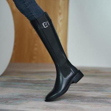 不過膝長靴女2025年新款秋冬真皮粗跟圓頭騎士靴皮帶扣高筒靴女