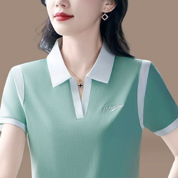 時尚翻領POLO衫女 上衣 POLO衫 短袖衫 運動時尚翻領短袖POLO衫夏季新款時尚舒適百搭清涼上衣媽媽裝