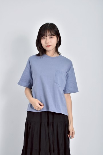 (L) net質感棉質純棉口袋藍色短袖上衣