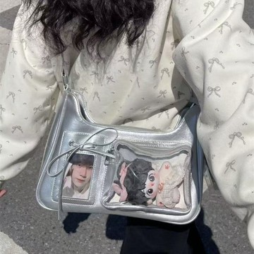 小眾設計追星痛包 二次元痛包 動漫痛包 防水PU皮銀色包包 斜挎包 肩背包 單肩包 大容量包包 側背包  娃娃收納包