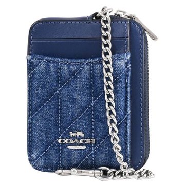 COACH 金屬LOGO牛仔布絎縫拉鍊零錢包/名片夾(藍)