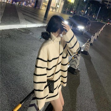 毛衣衫上衣女慵懶風中長條紋高領女學生韓版寬松潮春季新款