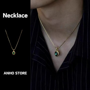 【ANHO】現貨在台/簡約/復古/橢圓/綠寶石/吊墜/項鍊/鎖骨鍊/細鍊/氣質/百搭