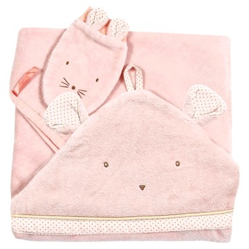 Moulin Roty 手套浴巾套組 粉色 80*80cm 100%棉  魔法老鼠  1組