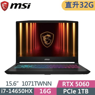 MSI KATANA 15HX B14WFK-1071TWNN 黑(i7-14650HX/16G+16G/1TB SSD/RTX5060/W11/15.6)特仕