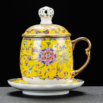 琺瑯彩帶蓋大容量茶杯描金個人杯陶瓷水杯辦公杯主人杯禮盒裝