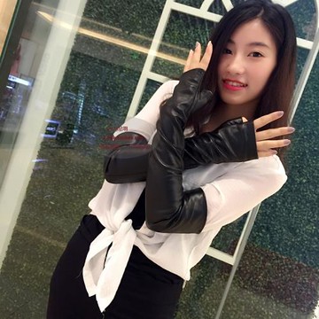 真皮半指女長款過肘加大碼手套