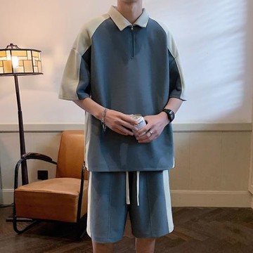 男士短袖t恤polo衫夏季套裝寬松休閑運動兩件套男裝搭配一套夏裝