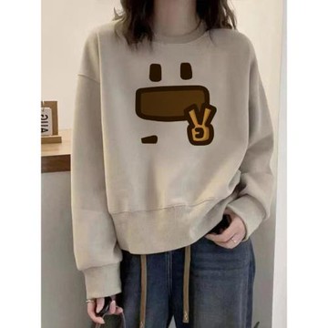 時尚chic圓領衛衣女秋冬小個子卡其色顯白寬松顯瘦短款外套銀狐絨