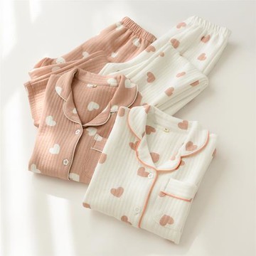 女士純棉空氣層家居服套裝 愛心開衫睡衣睡褲 起居服 秋冬款女裝