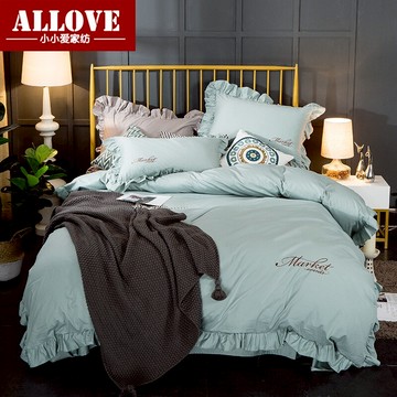 全棉公主風四件套花邊純棉被套簡約純色床單1.8m雙人床品家用