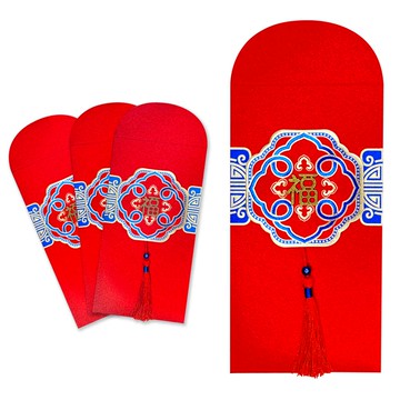 摩達客農曆春節開運◉古典藍金宮廷立體銅福字流蘇藝術紙卡燙金紅包袋四入組4入/組